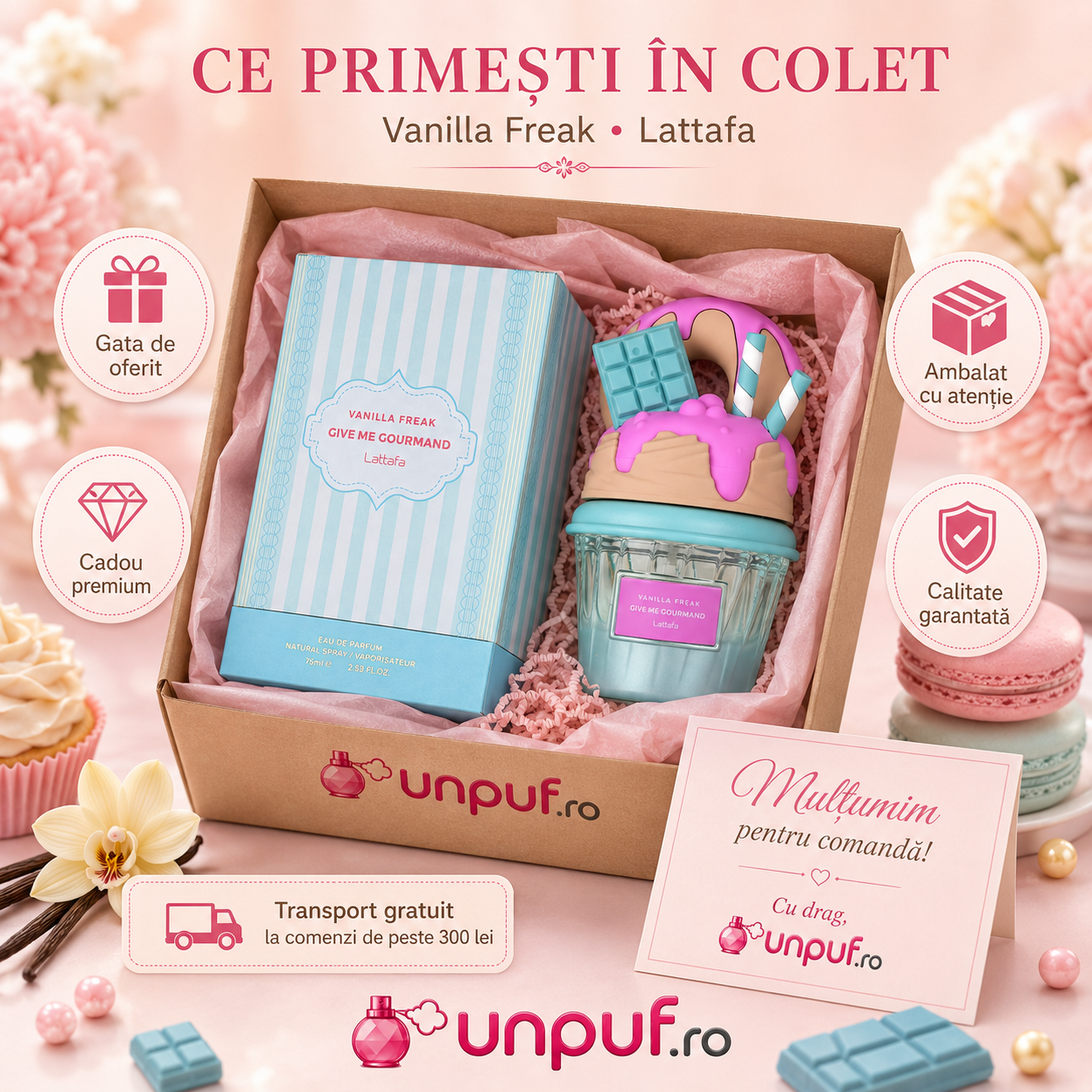 Lattafa Vanilla Freak parfum gurmand cu note de brioșă migdală zahăr scorțișoară vanilie unt și mosc